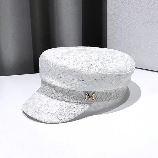 Women Caps with M Metal Sign Lace Floral Solid Newsboy Caps 2021 New Spring Octagonal Hat for Ladies White Black женский берет
